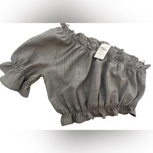 Lalavon Dusty Sky Ruffle Gray Plaid One-Shoulder Cropped Top NWT Med
